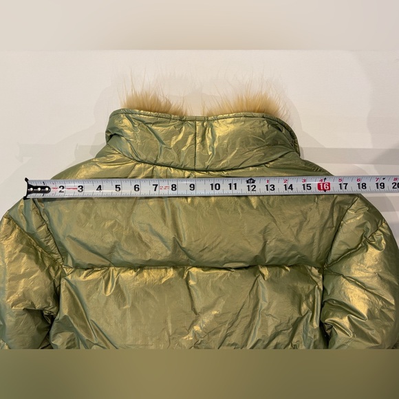 The Limited Down Puffer Liquid Green Gold Metallic Shimmer Jacket Fur Hood - Picture 8 of 16